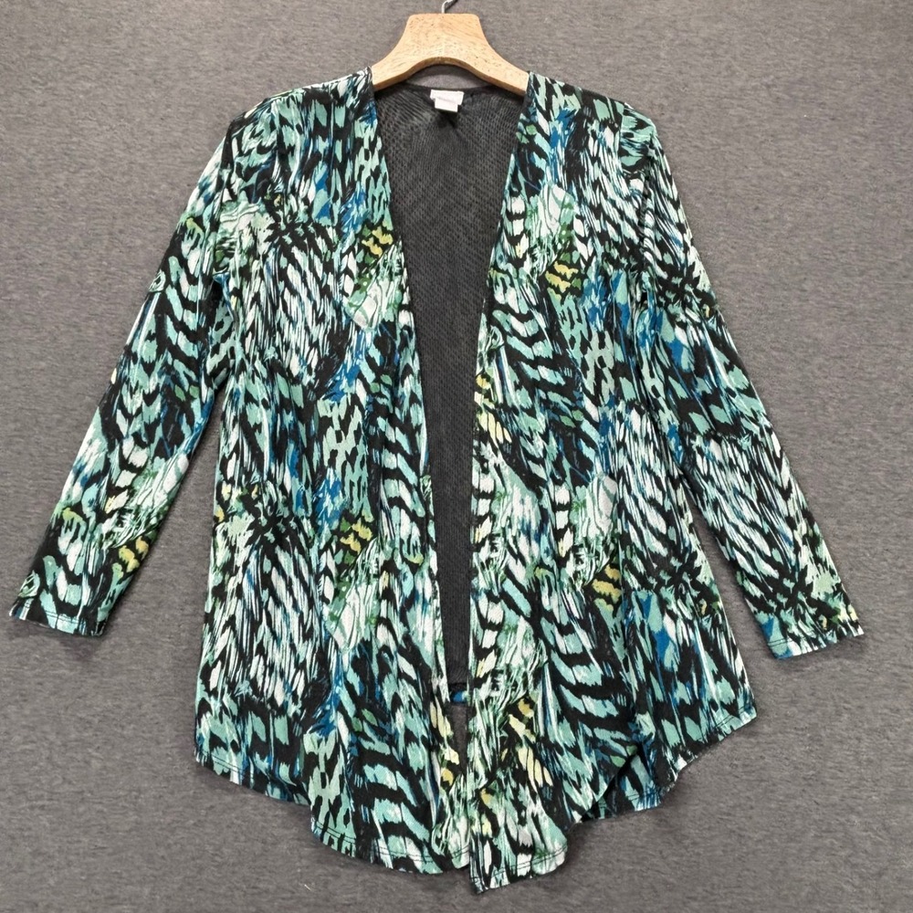 Chicos Cardigan Womens S Open Front Long Sleeve Teal Black Abstract Print Sheer
